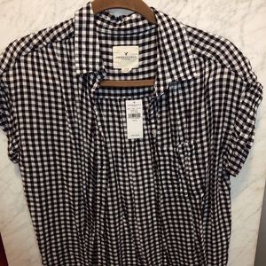 Navy blue gingham button down top